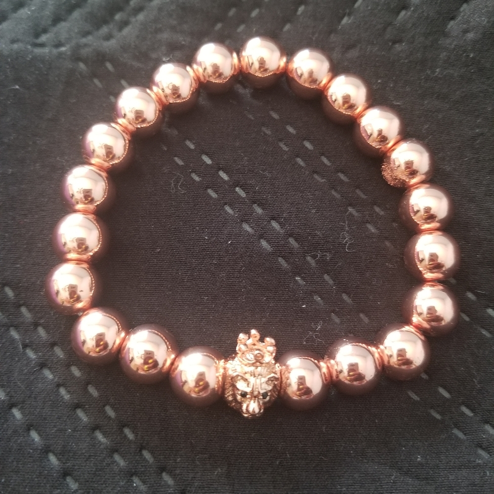 New Hematite Rose Gold Lion Beaded Bracelet